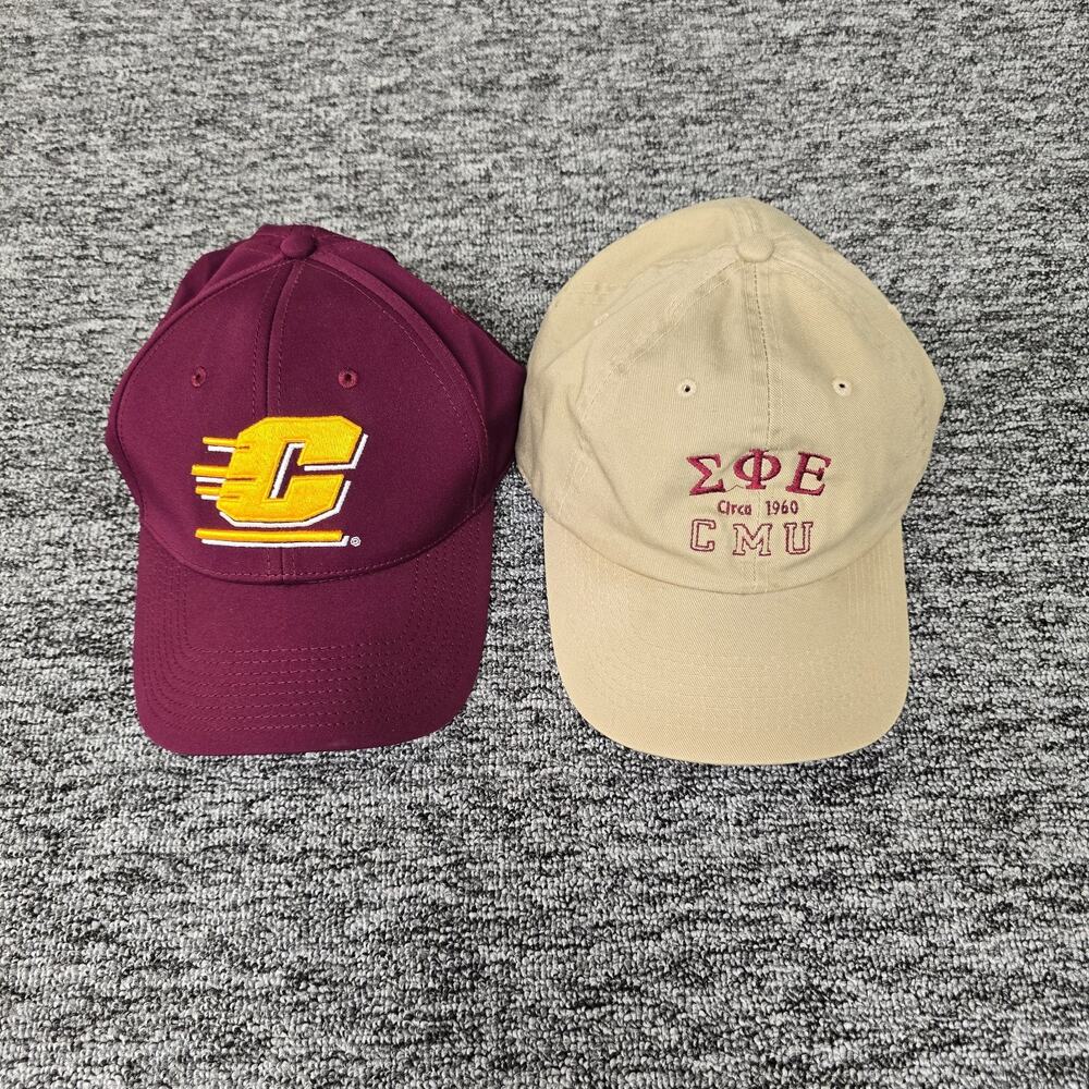 Lot of 2 Central Michigan University Caps KNP Beige The Game Burgundy Adjustable
